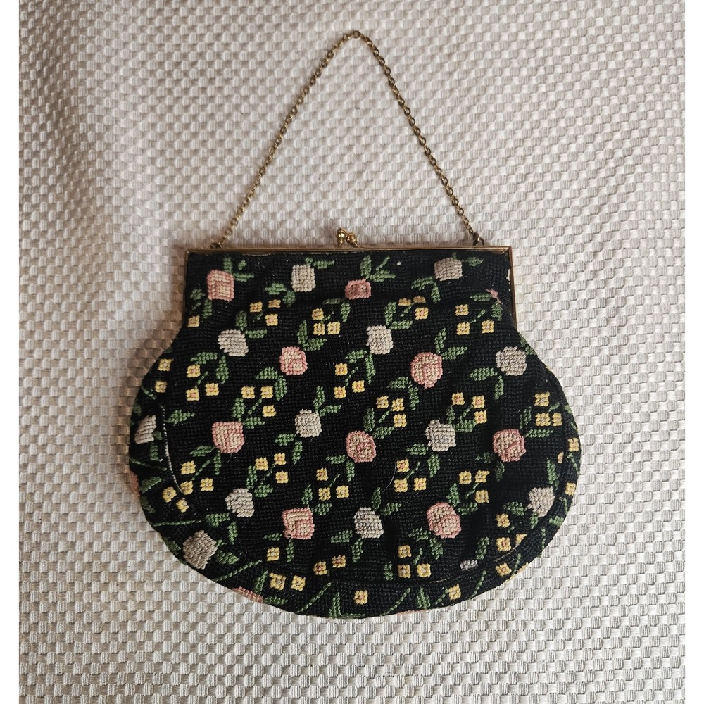 Vtg 50s Jolles Original Floral Needlepoint Purse Black Petit Point Austrian